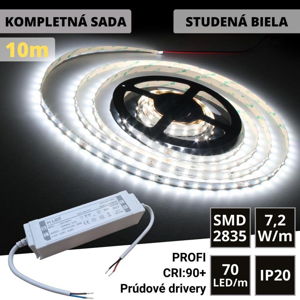 10m PROFI LED pásik 70LED/m SMD2835 prúd. driver studená b. 7,2W/m IP20 24V KOMPLETNÁ SADA