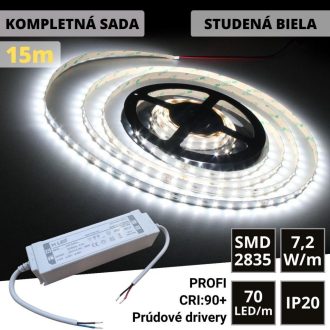 15m PROFI LED pásik 70LED/m SMD2835 prúd. driver studená b. 7,2W/m IP20 24V KOMPLETNÁ SADA