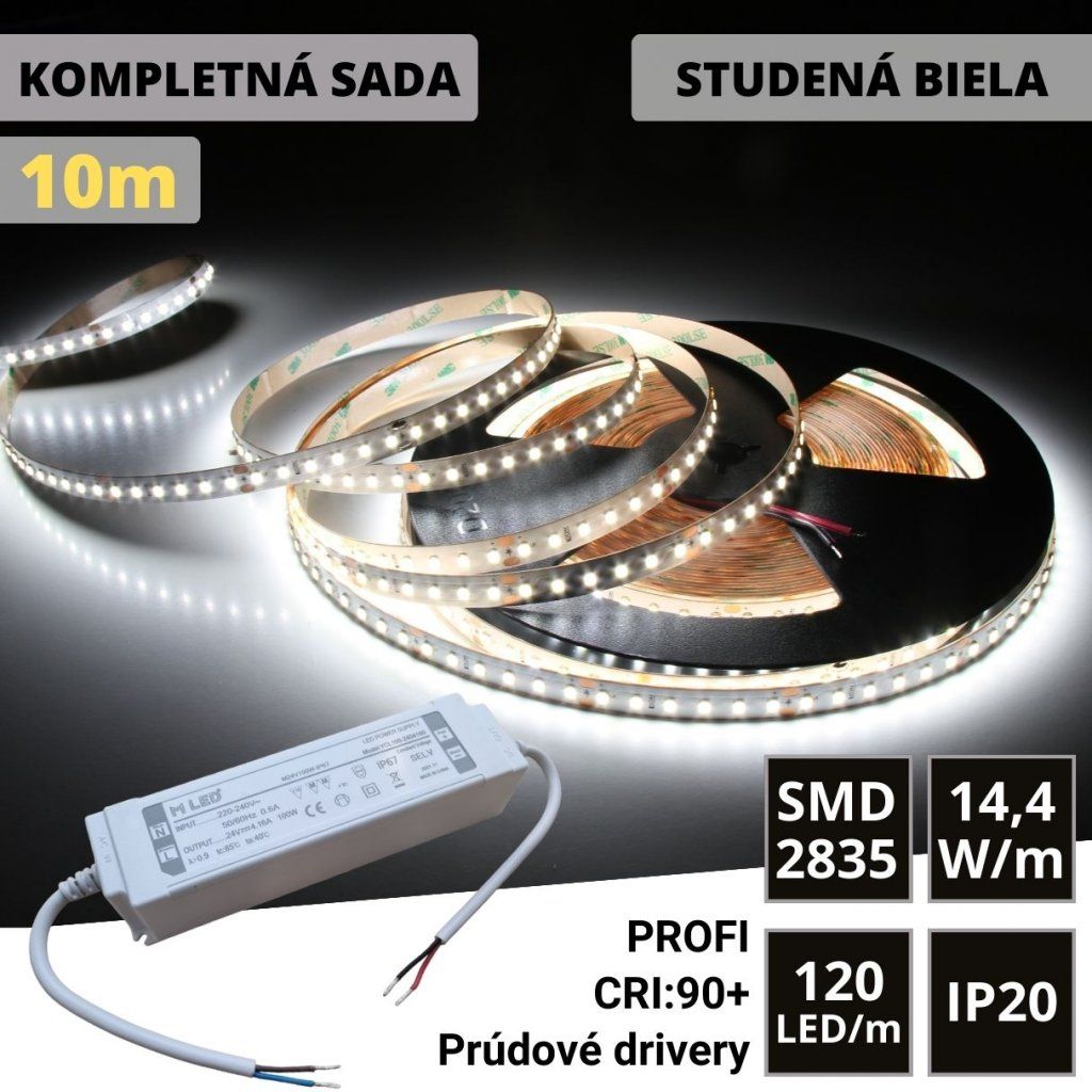 10m PROFI LED pásik 120LED/m SMD2835 prúd. driver studená b. 14,4W/m IP20 24V KOMPLETNÁ SADA