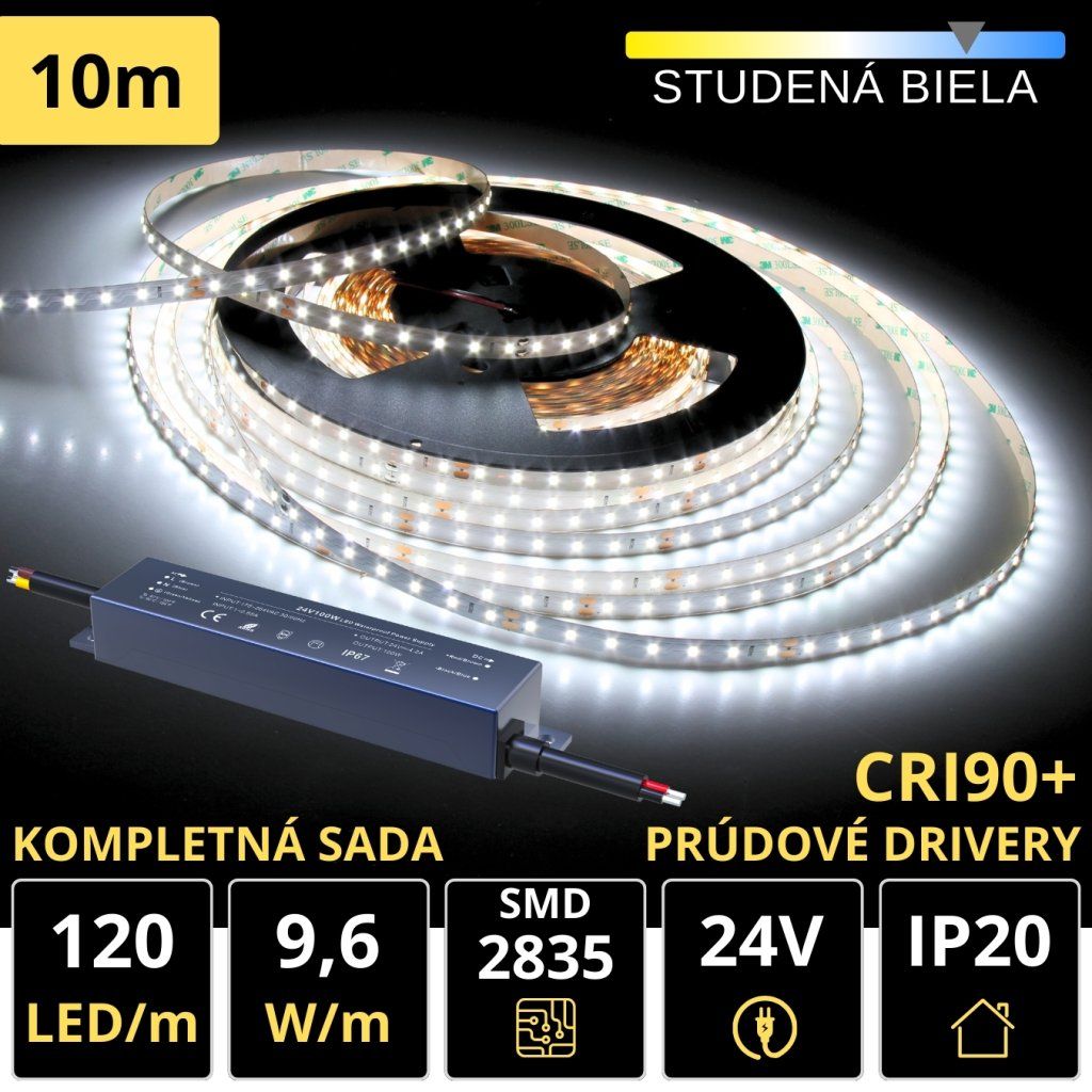 10m PROFI LED pásik 120LED/m SMD2835 9,6W/m prúd. driver studená biela IP20 24V - Kompletná sada