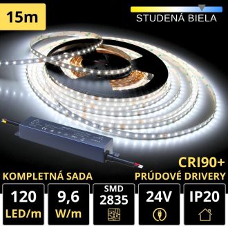 15m PROFI LED pásik 120LED/m SMD2835 9,6W/m prúd. driver studená biela IP20 24V - Kompletná sada