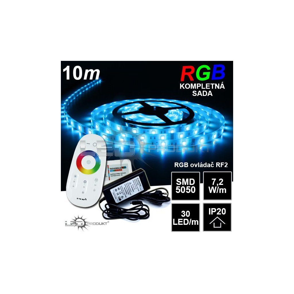 10m IP20 SMD5050 30LED/m RGB pásik, RF2- KOMPLETNÁ SADA