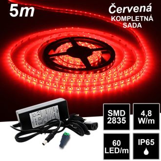 5m SMD2835 60LED/m IP65 vodeodolný červená - KOMPLETNÁ SADA