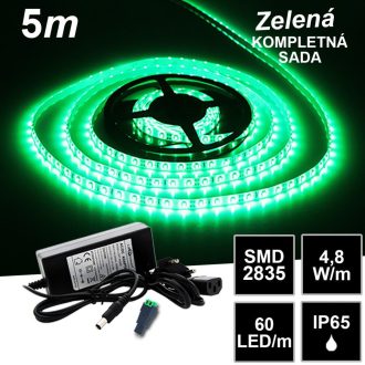 5m SMD2835 60LED/m IP65 vodeodolný zelený - KOMPLETNÁ SADA