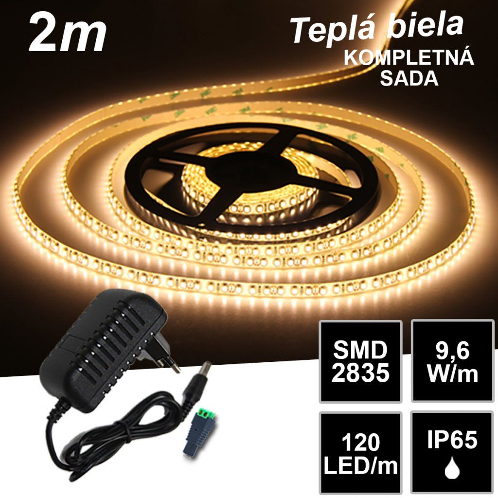 2m SMD2835 120LED/m IP65 vodeodolný teplá b. - KOMPLETNÁ SADA