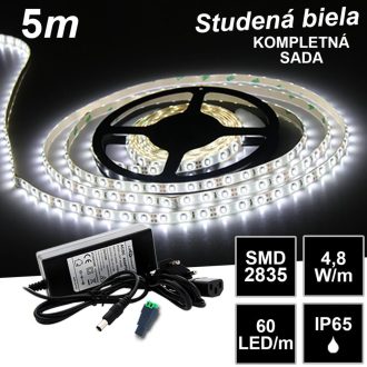 5m SMD2835 60LED/m IP65 vodeodolný studená b. - KOMPLETNÁ SADA