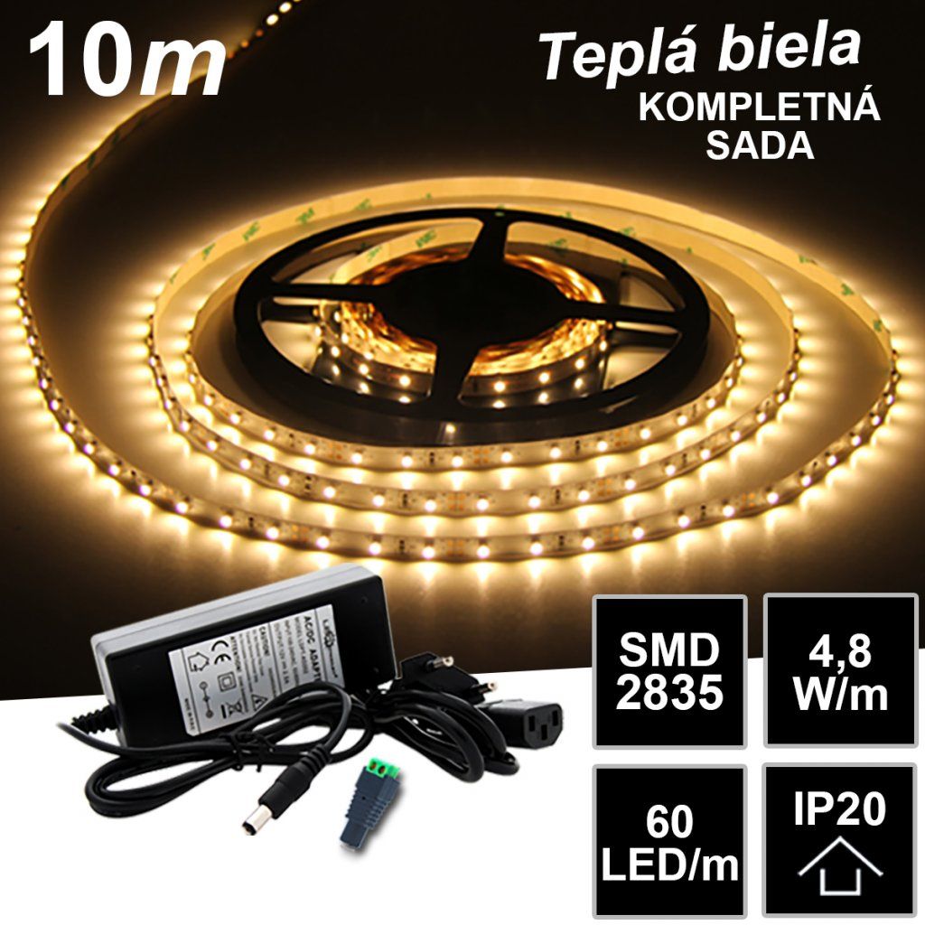10m SMD2835 60LED/m IP20 teplá b.- KOMPLETNÁ SADA