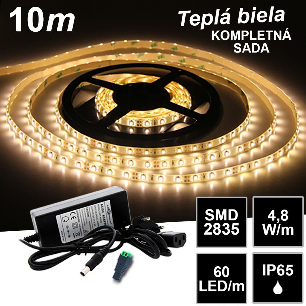 10m SMD2835 60LED/m IP65 vodeodolný teplá b.- KOMPLETNÁ SADA