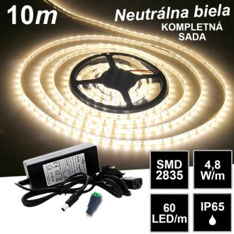 10m SMD2835 60LED/m IP65 vodeodolný neutrálna b.- KOMPLETNÁ SADA