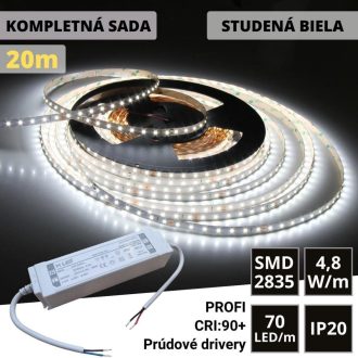 20m PROFI LED pásik 70LED/m SMD2835 prúd. driver studená b. 4,8W/m IP20 24V KOMPLETNÁ SADA