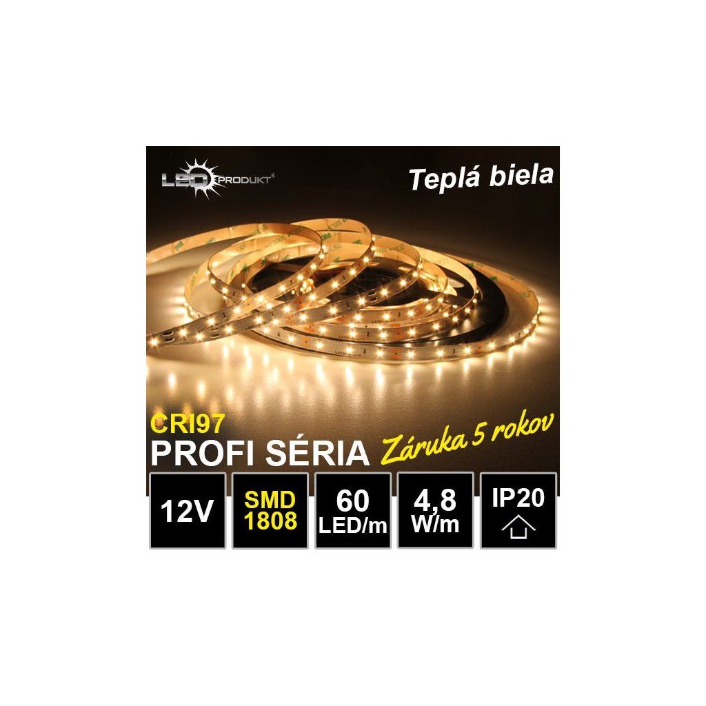 5m PROFI LED pásik 60LED/m SMD1808 4,8W/m teplá biela CRI97 IP20 12V
