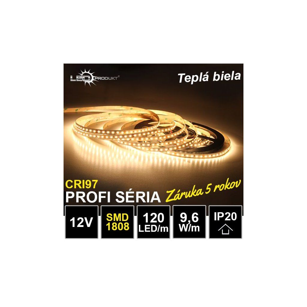 5m PROFI LED pásik 120LED/m SMD1808 9,6W/m teplá biela CRI97 IP20 12V