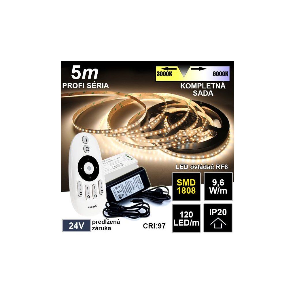 5m PROFI LED pásik 120LED/m SMD1808 DUAL-WHITE, IP20 24V - Kompletná sada