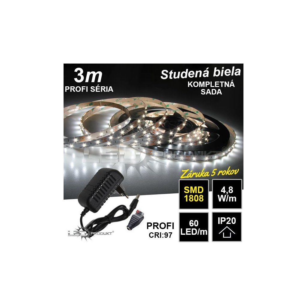 3m PROFI SMD1808 60LED/m IP20 studená b. - KOMPLETNÁ SADA
