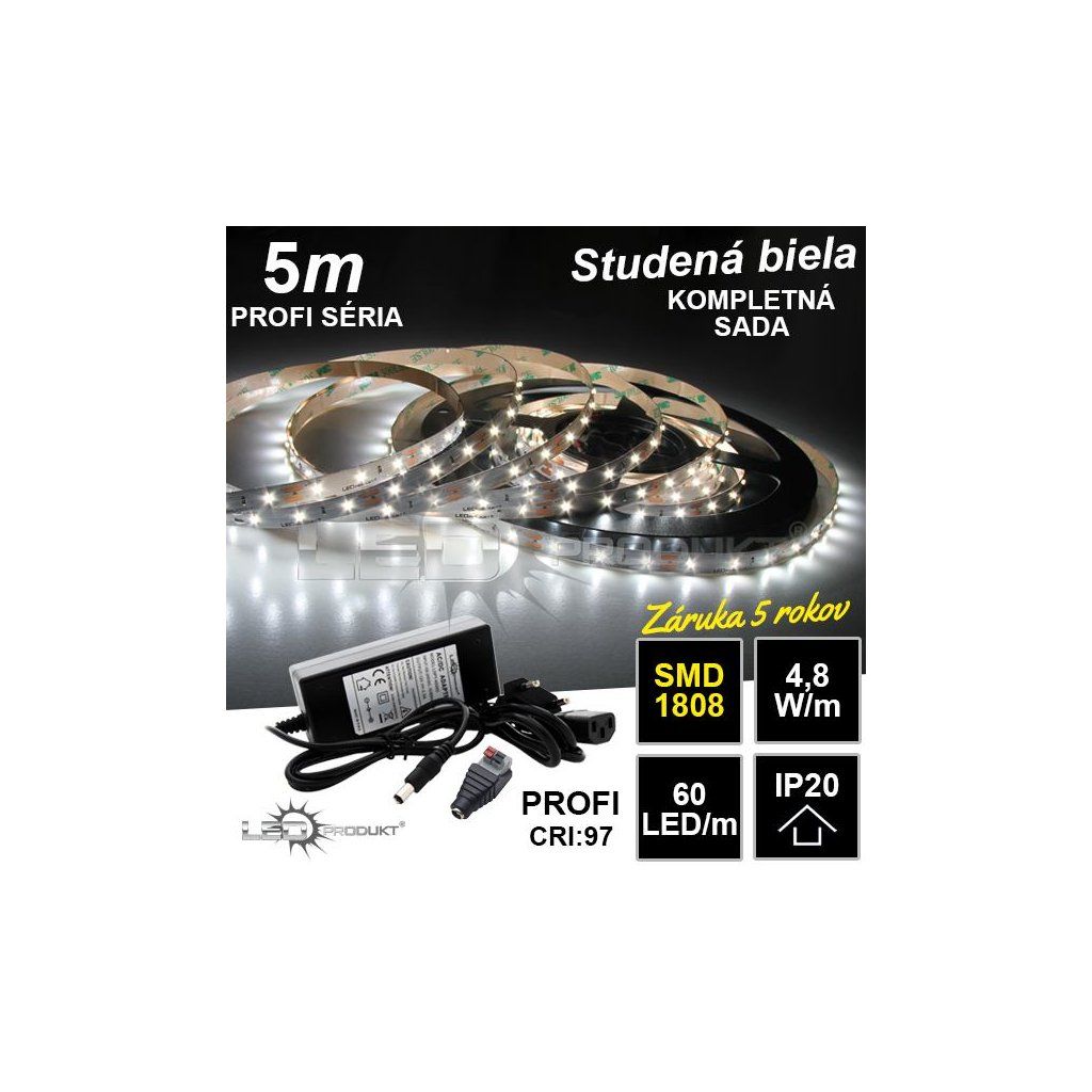 5m PROFI SMD1808 60LED/m IP20 studená b. - KOMPLETNÁ SADA