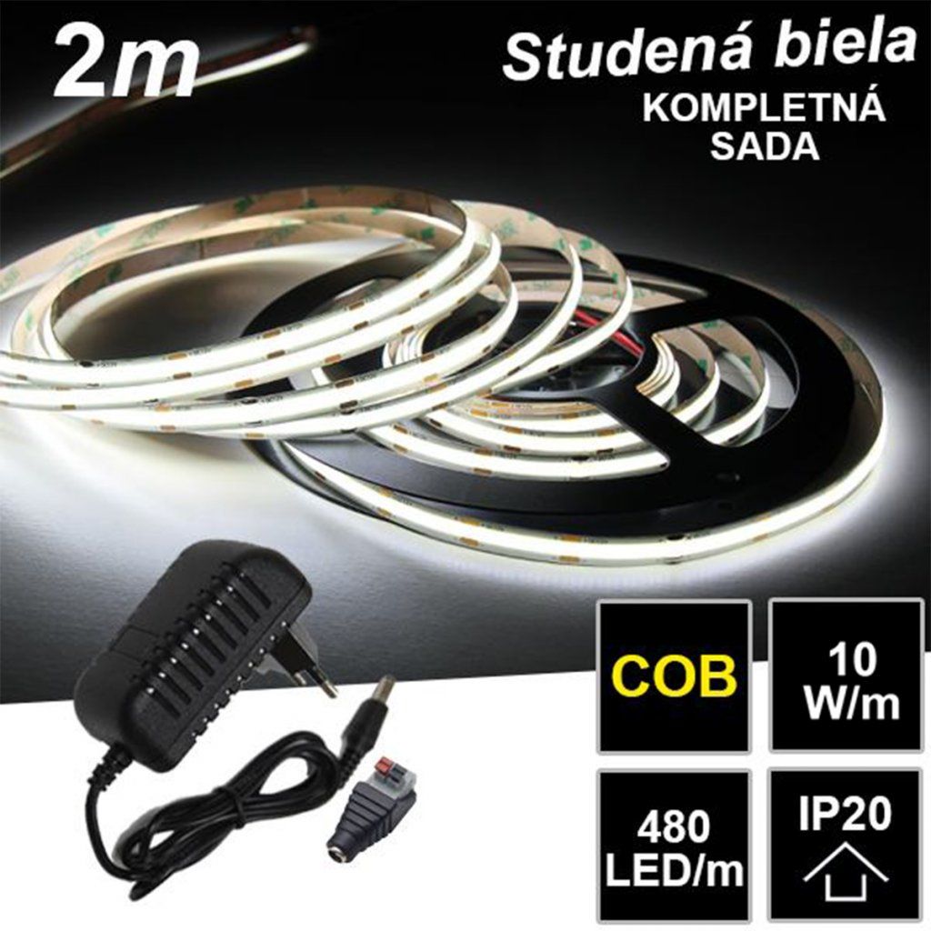 2m PROFI COB 480LED/m 10W/m IP20 12V studená b. - KOMPLETNÁ SADA