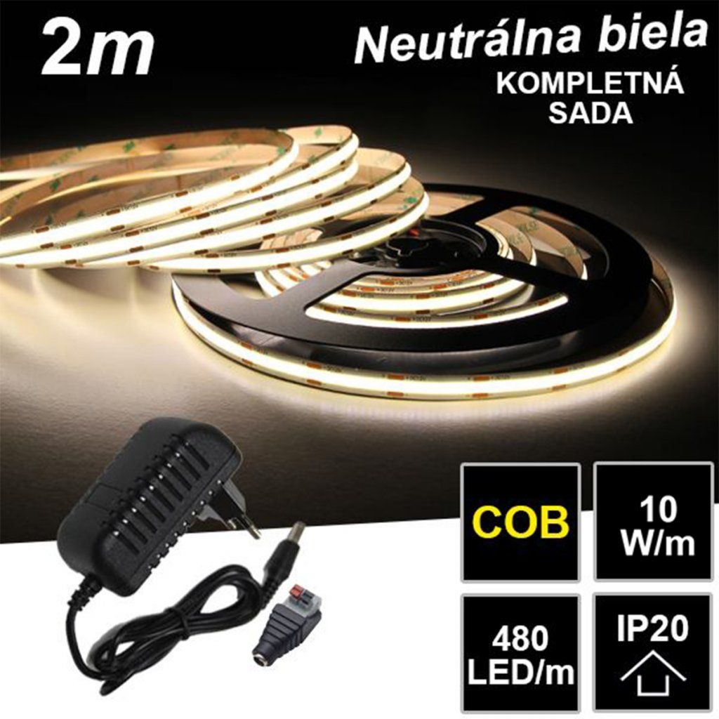2m PROFI COB 480LED/m 10W/m IP20 12V neutrálna b. - KOMPLETNÁ SADA