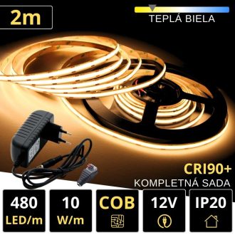 2m PROFI COB 480LED/m 10W/m IP20 12V teplá b. - KOMPLETNÁ SADA