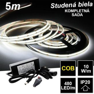 5m PROFI COB 480LED/m 10W/m IP20 12V studená b. - KOMPLETNÁ SADA