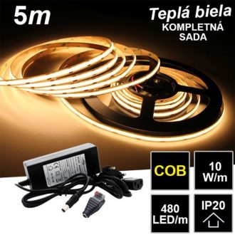 5m PROFI COB 480LED/m 10W/m IP20 12V teplá b. - KOMPLETNÁ SADA