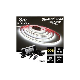 3m PROFI COB 15W/m 528LED/m IP20 24V studená b. - KOMPLETNÁ SADA