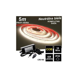 5m PROFI COB 15W/m 528LED/m IP20 24V neutrálna b. - KOMPLETNÁ SADA