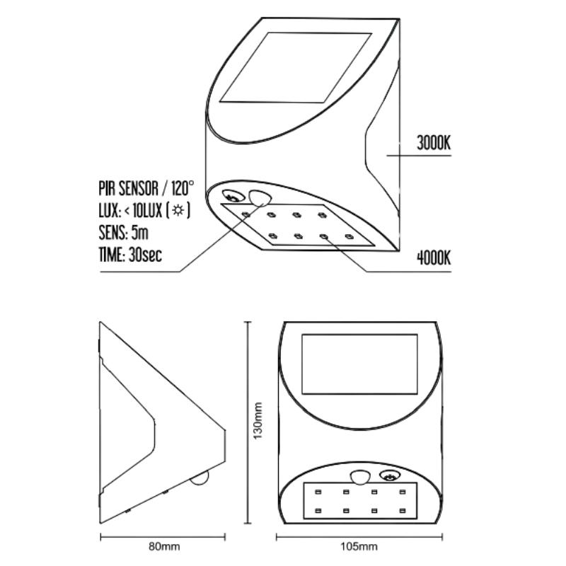 LED biele nástenné solárne svietidlo 3W / 3000K / 4000K - LS125 – Obrázok 2